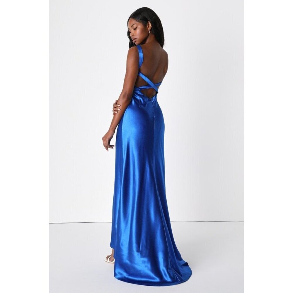 Lulus Perfectly Classy Royal Blue Satin Strappy Maxi Dress - Size L
